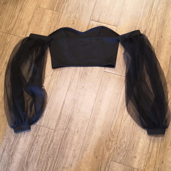 Bardot Mesh Lantern Sleeve Crop Top - Picture 4 of 5